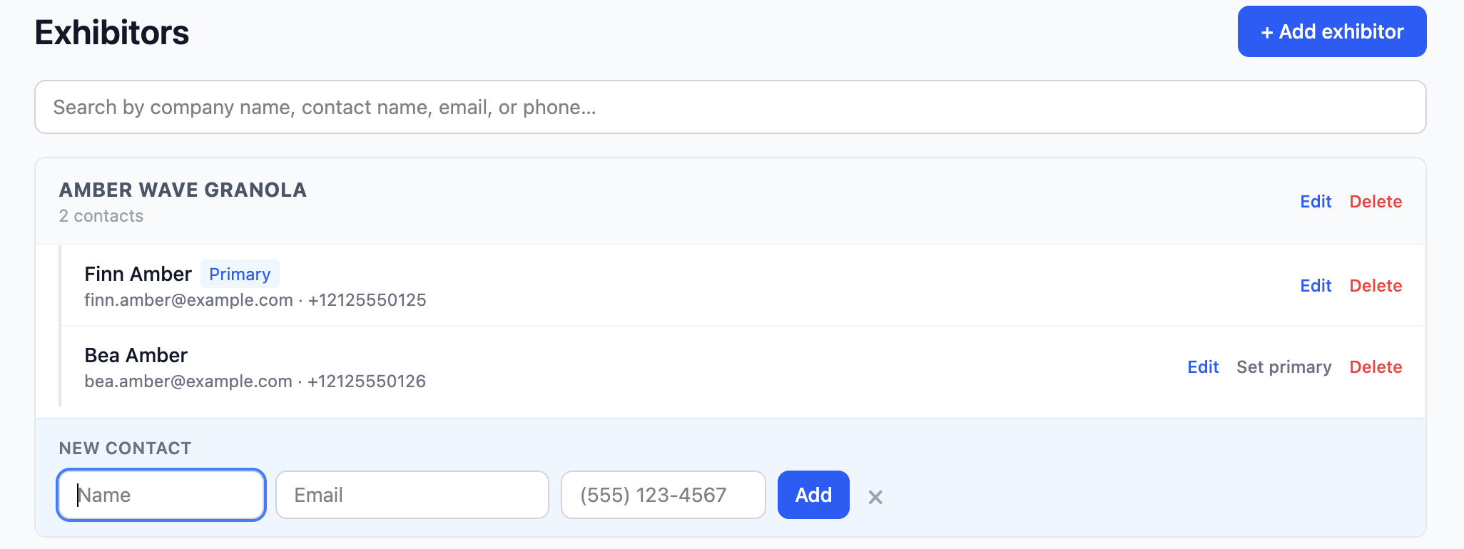 Exhibitor management page showing exhibitor contacts and the add contact form