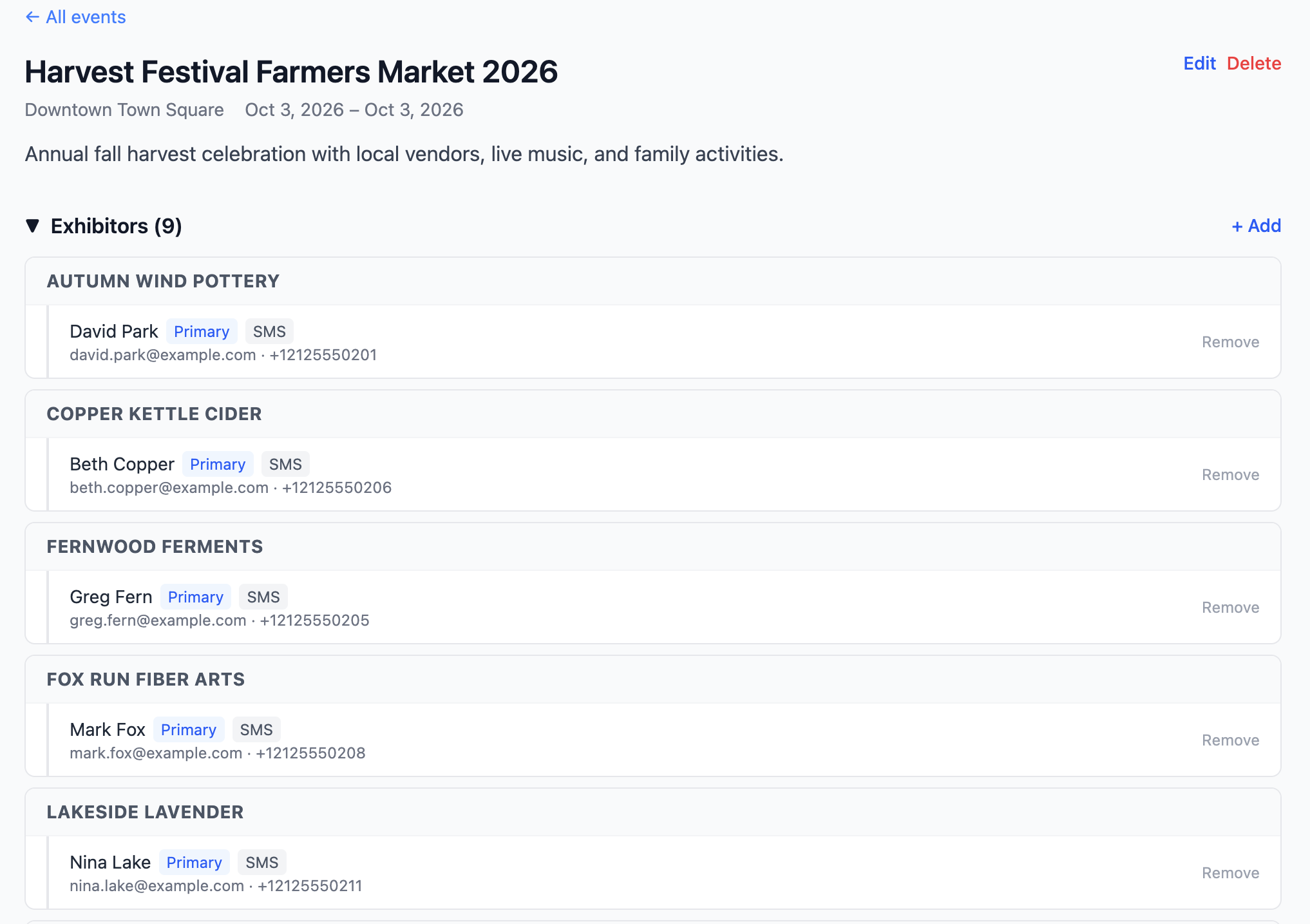 Event detail page showing exhibitors and contacts for Harvest Festival Farmers Market 2026