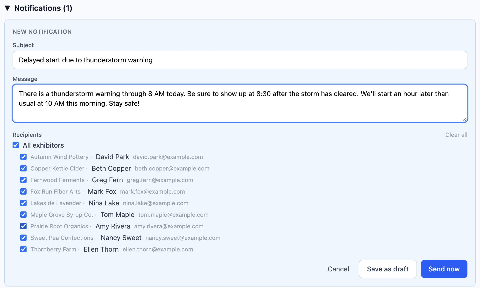 Notification composer showing a weather delay message being sent to all exhibitors